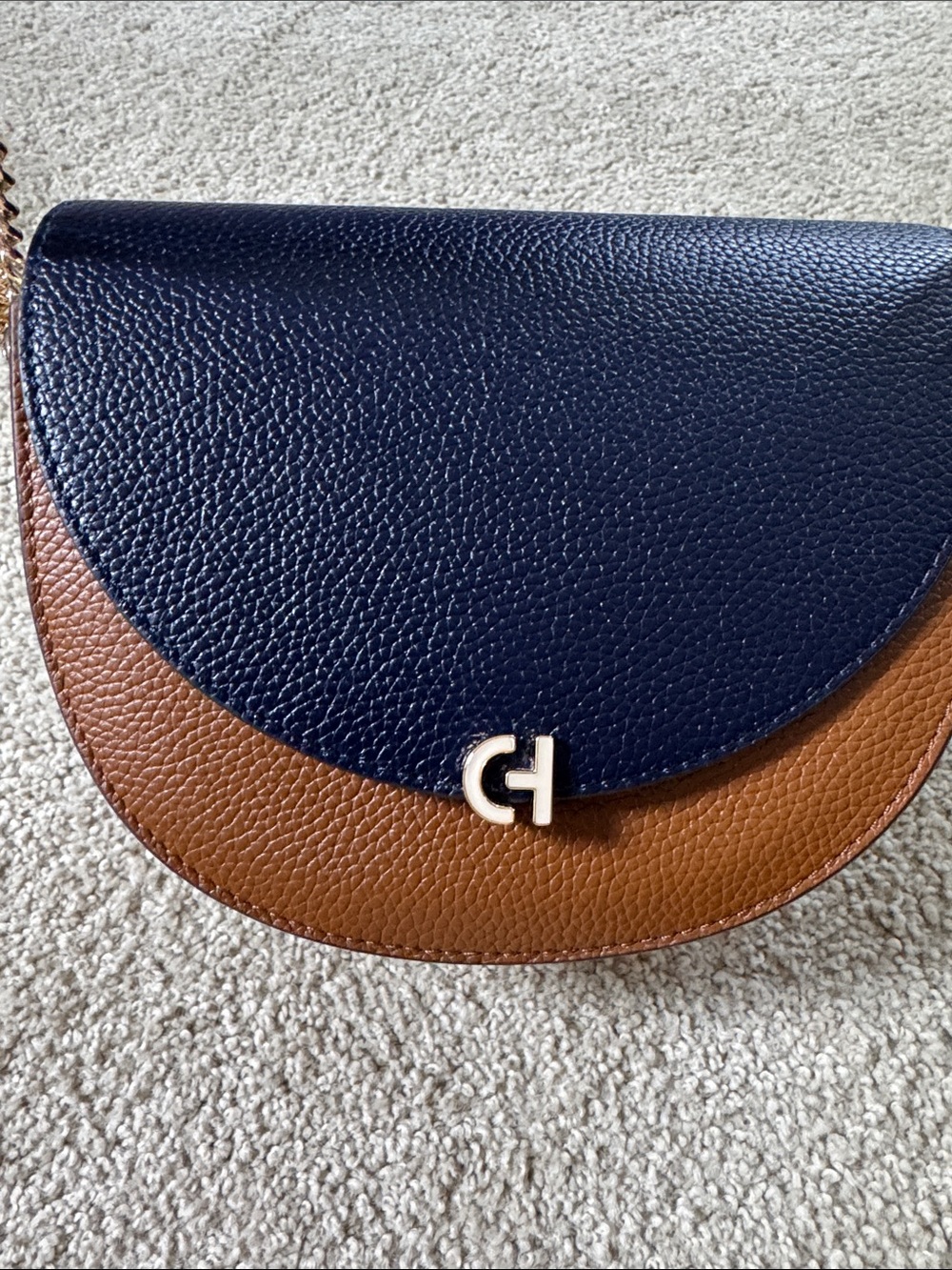 Cole Haan Navy and Brown Pebbled Leather Crossbody with Gold Chain - Picture 4 of 14
